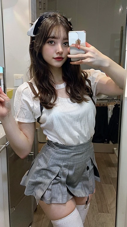 There is a woman in a skirt and a white shirt posing for a selfie with an iPhone in the mirror, thighhighs and skirt, wearing dresses, pale milky white porcelain skin, Wear skirts and suspenders, Sling high black stockings stockings beautiful face with arms and legs, extremely pale, legs visible, leg and thigh shot, wearing white skirt, transparent gray skirts, wearing honey - themed miniskirt, thigh close-up