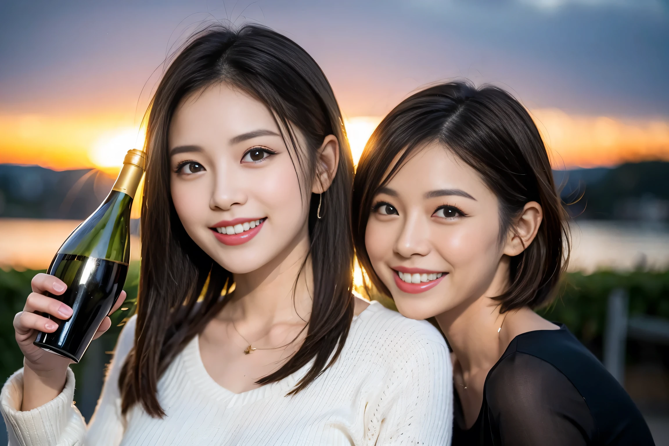 (Realistic:1.1),(masterpiece,Highest quality),8k,(49 years old), 53 years old, ベリーslimボディ、slimカップル、Tight waist,Upper Body,full-course dinner、wine 、Amazing view of the sunset sky and clouds、Perfect Anatomy, Brown Hair, short hair,Random Hairstyles,((Highly detailed face and eyes:1.2)),Perfect golden ratio face,Long sleeve shirt、dress,(smile:1.2)、Shortcuts、cute、(Realistic, Intricate details:1.2), A bright smile、short hair,Bright Face、赤wine 、Appetizers、Italian food、wine bottle、Champagne、スパークリングwine、(slimな顔), (The body is slim), (Brown Hair), (Shortcuts), Upper Body, 白wine, slim, wineグラス,