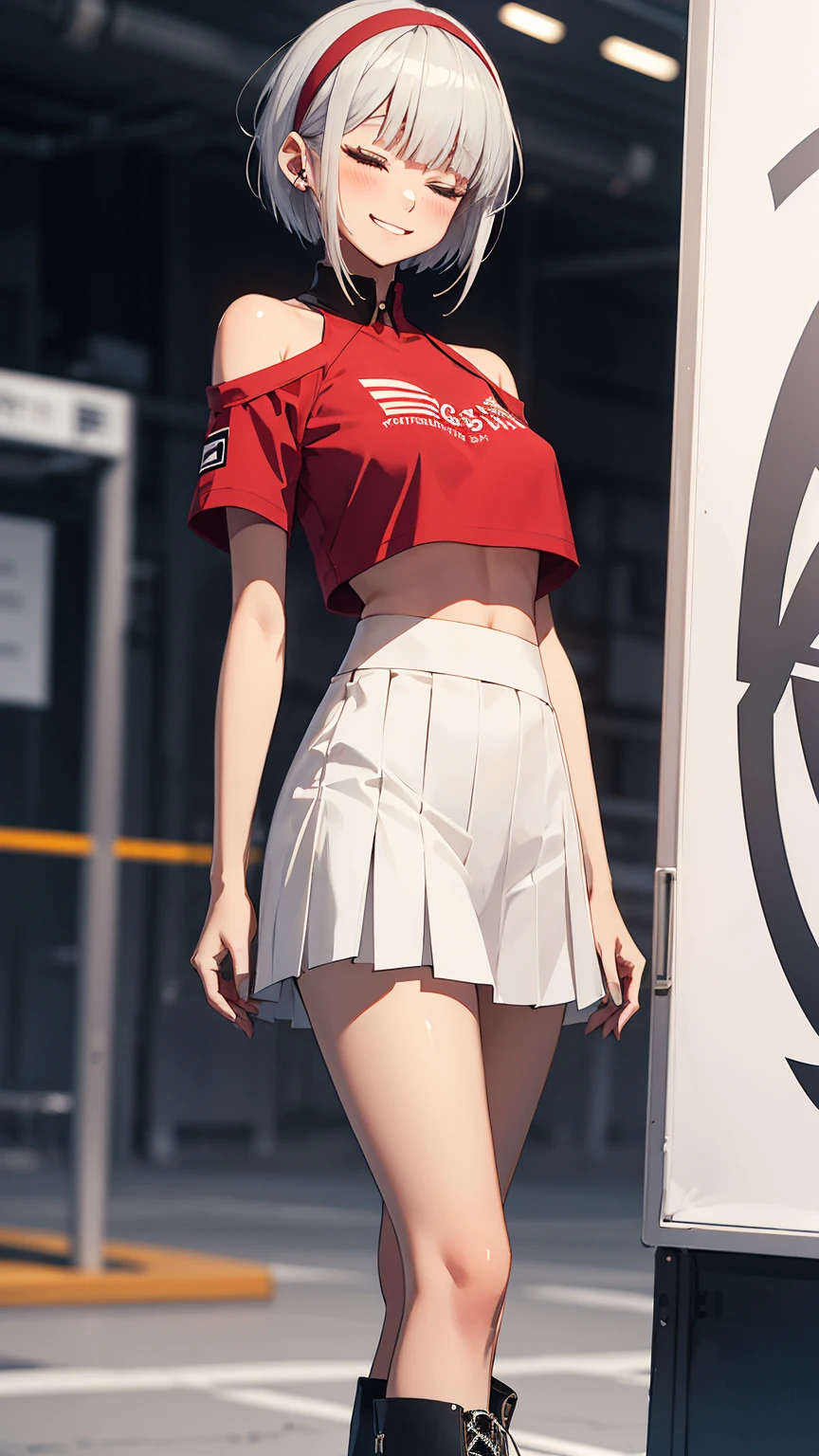 ((Girl standing next to a large white sign)), head shot, 1 Girl、Beautiful silver hair、((((Very short hair))))、Blue eyes、(hair band)、((Blunt bangs)), small breasts、22 years old, (tsurime), Tight waist、happy smile、(closed eyes), Natural lighting、Very cute face, Cute pose、Promotion Girl, Lace-up boots, Short sleeve, Cropped tops, Knee-length, Exposing shoulders, Knee-lengthグリッターナイロンプリーツスカート, Asymmetrical medium size nylon pleated skirt, Promotional wear with logo, Red and white glitter promotional wear、Vibrant gradient background、Shallow depth of field