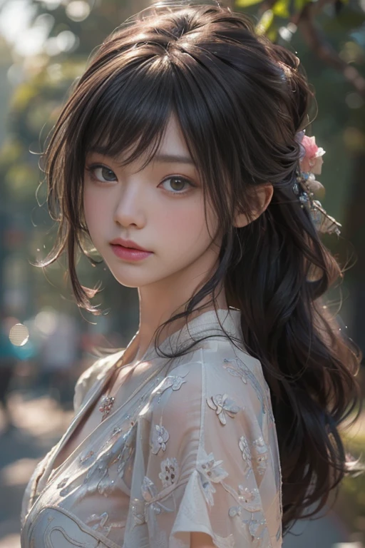 (masterpiece, Highest quality, employment, High resolution:1.2), (Very detailed, Intricate details, High resolution), (Medium Close-up:1.2) The portrait we have (Sunny background:1.2), (Medium Shot:1.2), (Face Focus:1.1), (Soft Focus:1.2), Low light, (Out of focus:1.2), Bokeh, 1 1 1.4, 40mm, Realistic, born, 8k, ((Textured skin:1.1, Skin pores:0.3, Realistic Skin:1.1)), Intricate details, One girl, (Extremely clear images), Black Hair, Perm Straight Hairstyle, Very beautiful girl, ((masterpiece, Highest quality, Best image quality, High resolution, Realistic, RAW Photos, 8k)), ((Very detailed CG 統合 8k 壁紙))