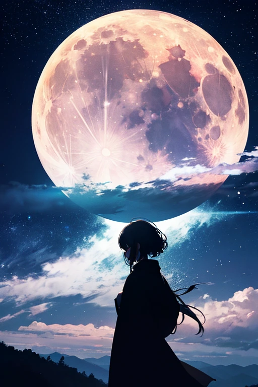 Highest quality,Big moon and shadow,A silhouette of a person can be seen against the backdrop of a large moon.,There is one full moon,There is a mood,Beautiful scenery,Starry Sky