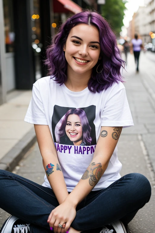 Street photography of young woman with purple hair, smile, be happy, cute t-shirt, tattoo on her arm, Sitting in a 50's diner