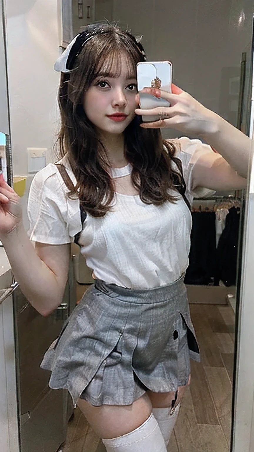 There is a woman in a skirt and a white shirt posing for a selfie with an iPhone in the mirror, thighhighs and skirt, wearing dresses, pale milky white porcelain skin, Wear skirts and suspenders, Sling high black stockings stockings beautiful face with arms and legs, extremely pale, legs visible, leg and thigh shot, wearing white skirt, transparent gray skirts, wearing honey - themed miniskirt, thigh close-up