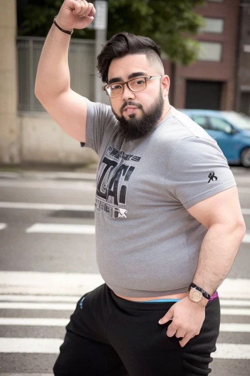 male, alone, ((Yossan)), beard, Glasses, Are fat, dancer, male性dancer, Street dance, hip hop, Urban, Graffiti, Casual wear, Energetic, cool, Sporty, Action Shots