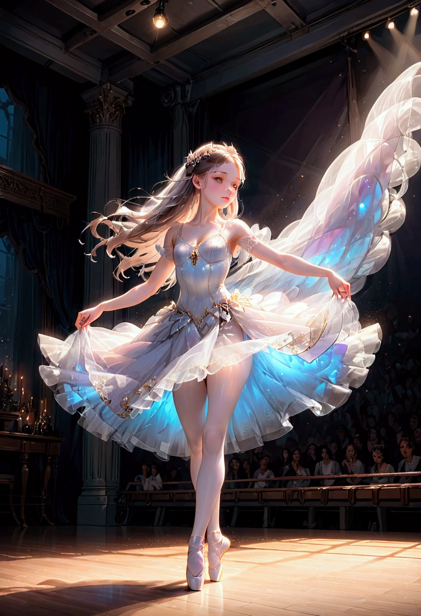 1girl, Dancer, a stunning ballerina dancing gracefully on stage, beautiful detailed eyes, beautiful detailed lips, extremely detailed face and body, long eyelashes, elegant ballet pose, white tutu dress, pointe shoes, flowing hair, dramatic lighting, dramatic cinematic camera angle, cinematic composition, chiaroscuro lighting, dramatic shadows, 8k, masterpiece, best quality, very aesthetic, absurdres