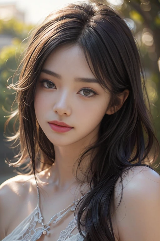 (masterpiece, Highest quality, employment, High resolution:1.2), (Very detailed, Intricate details, High resolution), (Medium Close-up:1.2) The portrait we have (Sunny background:1.2), (Medium Shot:1.2), (Face Focus:1.1), (Soft Focus:1.2), Low light, (Out of focus:1.2), Bokeh, 1 1 1.4, 40mm, Realistic, born, 8k, ((Textured skin:1.1, Skin pores:0.3, Realistic Skin:1.1)), Intricate details, One girl, (Extremely clear images), Black Hair, Perm Straight Hairstyle, Very beautiful girl, ((masterpiece, Highest quality, Best image quality, High resolution, Realistic, RAW Photos, 8k)), ((Very detailed CG 統合 8k 壁紙))