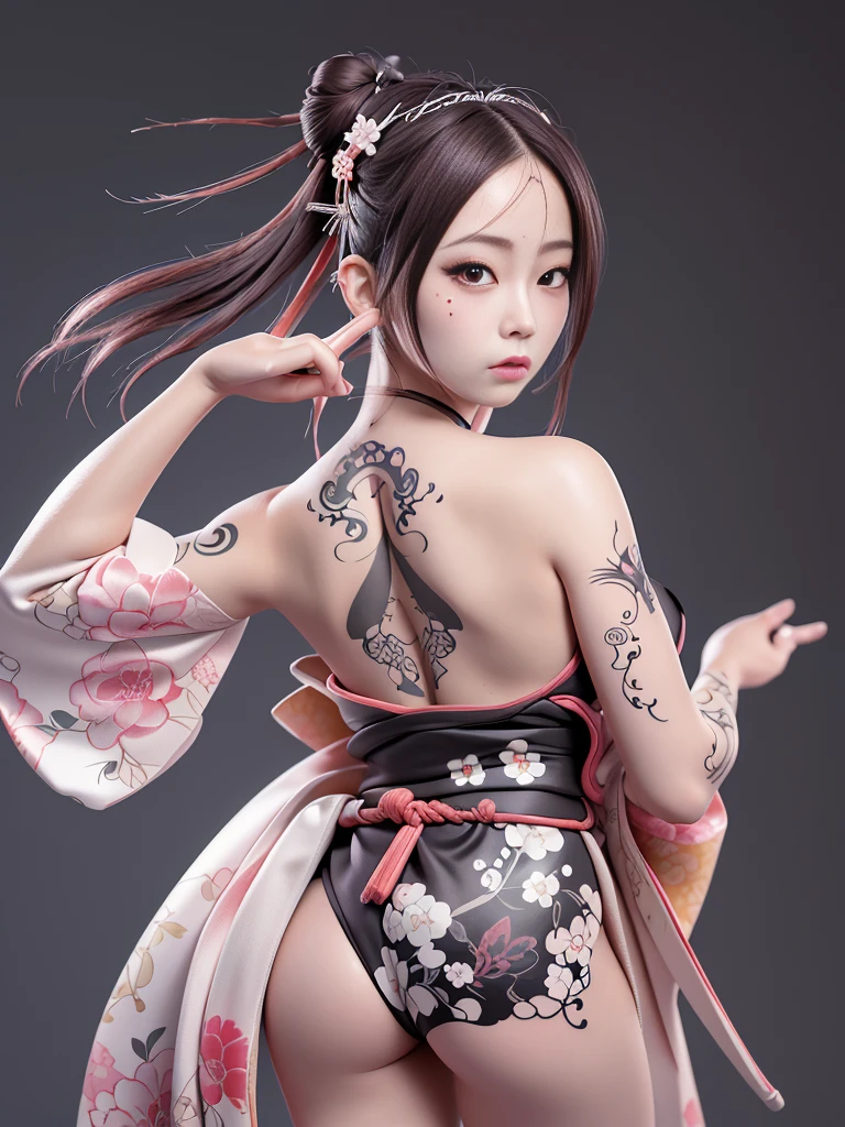 8k, masterpiece, (lifelike:1.5), artistic portrait of ((Beautiful Haruno Sakura) Wearing a kimono), Back and shank tattoos, ((Exposing Ukiyoe tattoo on back)), exposed face, bare shoulders, Exposing huge breasts, touch chamber, beautiful skin, slim figure, cute face, cute look, look at the audience, Dark brown bangs bun, Posing for photos, fog, backlight, dark gray background, dynamic lighting, Nature, artistic