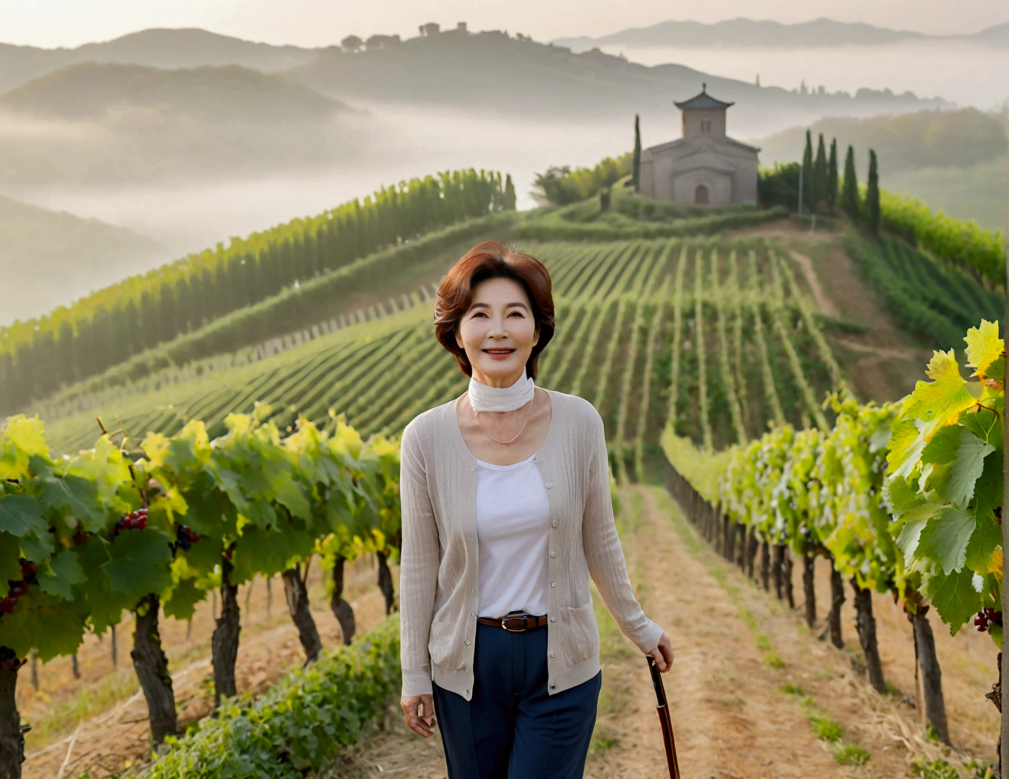 Italy foggy countryside dawn, Endless vineyards, A cathedral can be seen far away in the fog.. Wrinkles around the eyes of a Korean woman in her 50s, Wearing a short cardigan over a luxury brand white T-shirt, casual pants, Beautiful medium hair Korean woman, Standing on a path on top of a vineyard hill, Beautiful Korean woman with bright and clear skin, The neck line is clean and beautiful.. Stunning Korean woman smiling, standing in the vineyard,1 woman, Woman in her 50s, Your eyes are big and pretty, walking down a path, no wrinkles on the neck, 검정색 casual pants