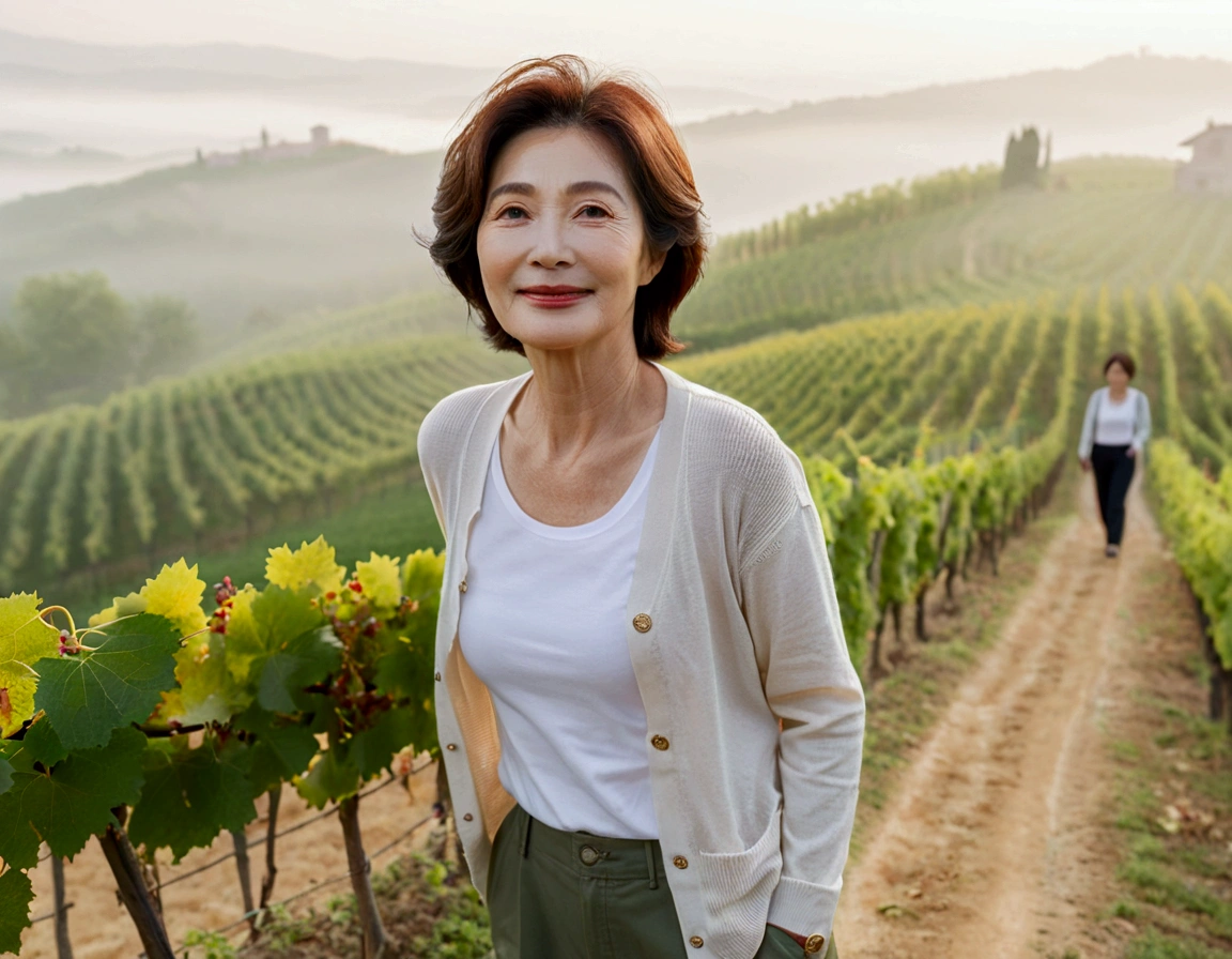 Italy foggy countryside dawn, Endless vineyards, A cathedral can be seen far away in the fog.. Wrinkles around the eyes of a Korean woman in her 50s, Wearing a short cardigan over a luxury brand white T-shirt, casual pants, Beautiful medium hair Korean woman, Standing on a path on top of a vineyard hill, Beautiful Korean woman with bright and clear skin, The neck line is clean and beautiful.. Stunning Korean woman smiling, standing in the vineyard,1 woman, Woman in her 50s, Your eyes are big and pretty, walking down a path, no wrinkles on the neck, 검정색 casual pants