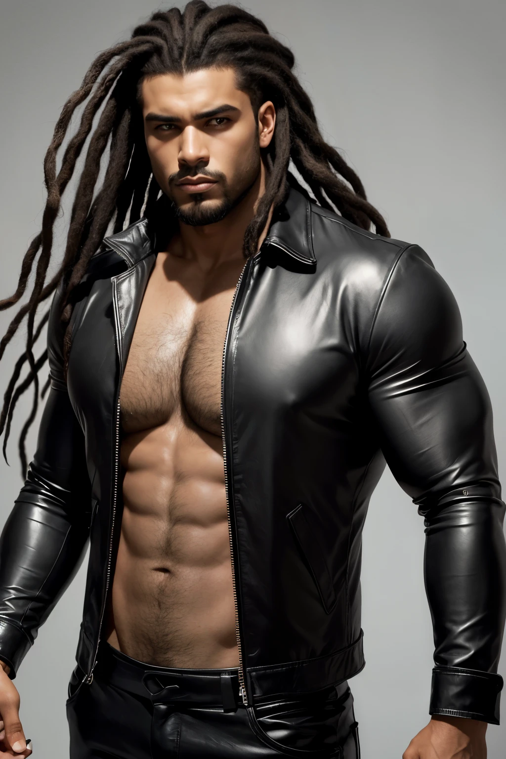 ((melhorSergio is a tough dark-skinned man with a muscular, athletic body wearing a leather coat, black shirt and black pants. The serious beardless face, with captivating eyes and a surprisingly clear spot on the right eye, has an unusual beauty for this type of creature. He also has long dreadlocks.
qualidade)), ((obra de arte)), (detalhado), 1 garota, suéter ombro a ombro,