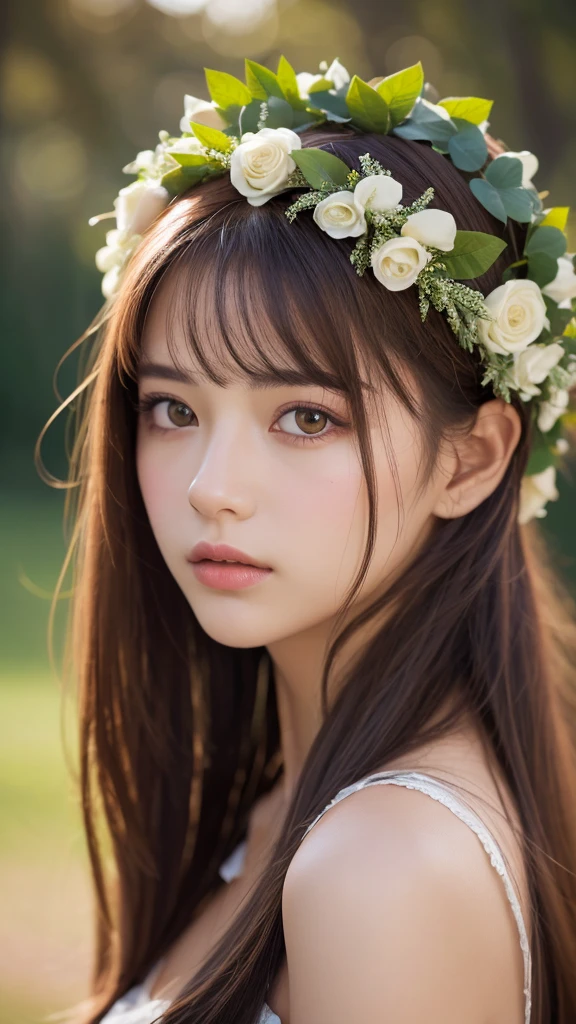 Ultra-high resolution, Highest quality, photograph, 4K, (Realistic:1.4), Girl with a wreath on her head, Long brown hair