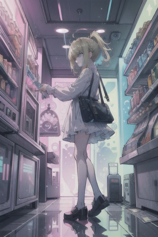 ((best quality, masterpiece, absurdres, super-resolution)) photo of beautiful jpn-gyaru, solo, Green,Blonde,Purple,White hair, standing in playground, from far, from side, glossy, beautiful anime eyes with luster reflection, beautiful, money, coins, drinks, bottled water, can soda, (ramune:1), vending machine on background