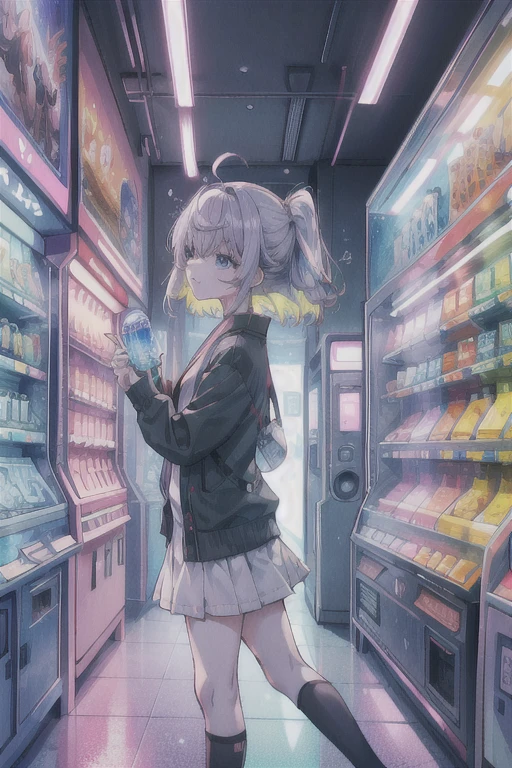 ((best quality, masterpiece, absurdres, super-resolution)) photo of beautiful jpn-gyaru, solo, Green,Blonde,Purple,White hair, standing in playground, from far, from side, glossy, beautiful anime eyes with luster reflection, beautiful, money, coins, drinks, bottled water, can soda, (ramune:1), vending machine on background
