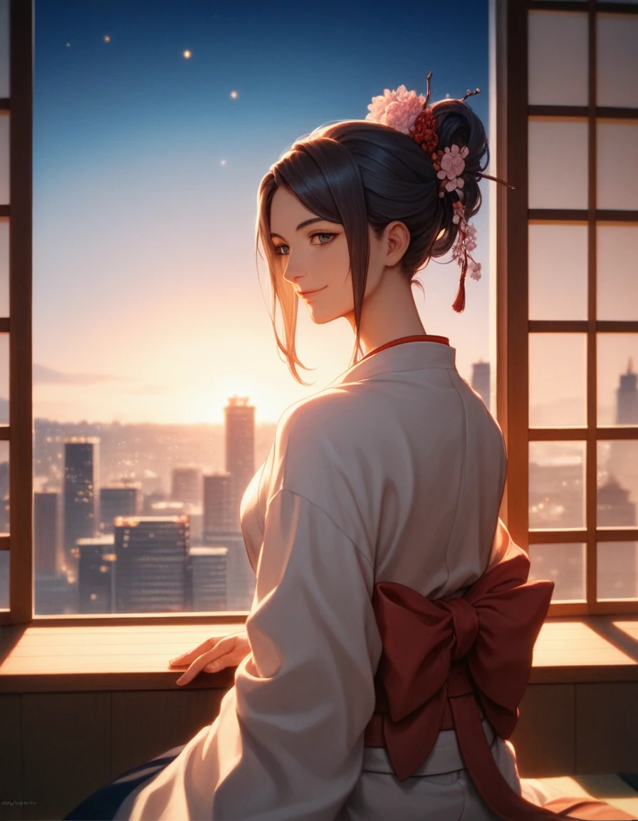 Reality, Solitary, Beautiful Japanese woman, Traditional Kimono, Natural graphics, Gentle smile, Impressive sight, Traditional hairstyle, Japanese-style room at dusk, Sitting by the window, City lights illuminate, (Charming pose), Professional photographer, Shallow depth of field, Backlight,