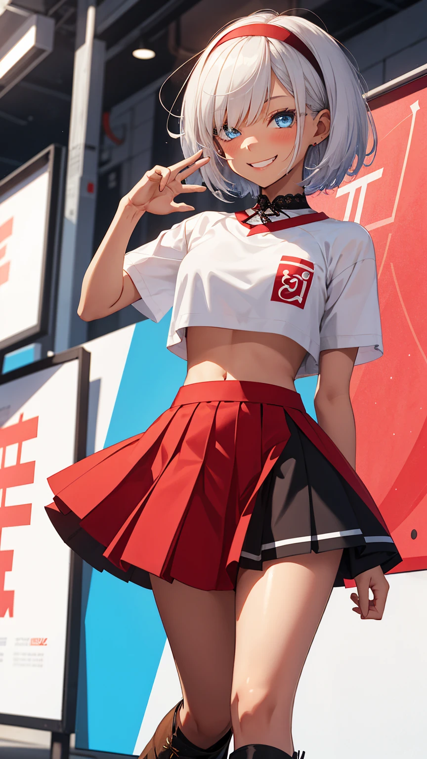 ((Girl standing next to a large white sign)), ((Close-up of face)), 1 Girl、Beautiful silver hair、((((Very short hair))))、Blue eyes、(hair band)、((Blunt bangs)), small breasts、22 years old, (tsurime), Tight waist、happy smile、(((Winking))), Natural lighting、Very cute face, Cute pose、Promotion Girl,  Lace-up boots, Short sleeve, Cropped tops, Knee-length, Exposing shoulders, Knee-lengthグリッターナイロンプリーツスカート, Asymmetrical medium size nylon pleated skirt, Promotional wear with logo, Red and white glitter promotional wear、Vibrant solid color background、Shallow depth of field