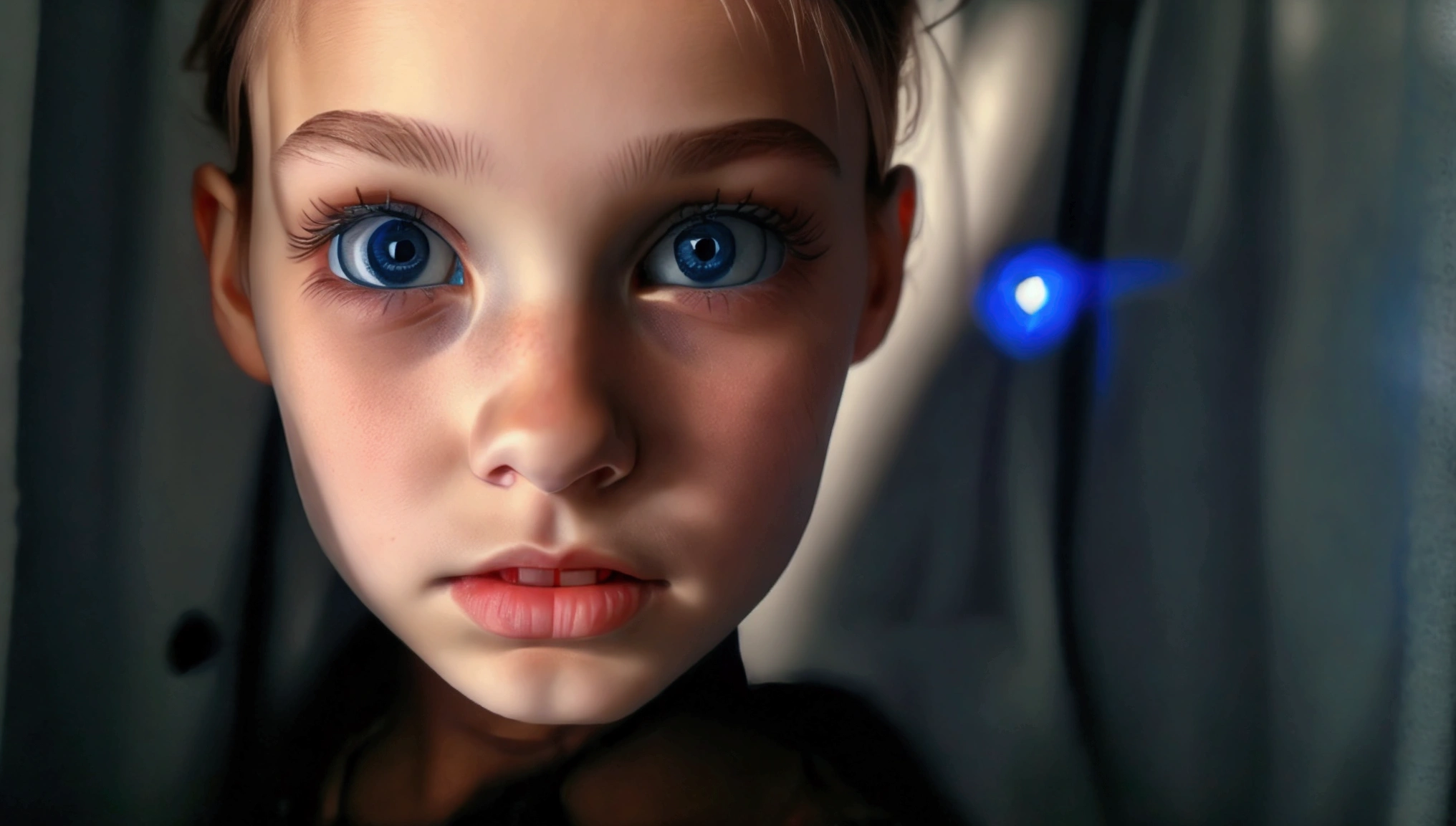 Light background A little scary face blue eyes