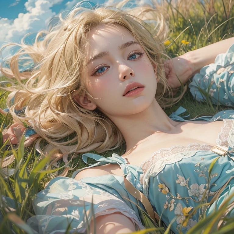 1girl, full body, sexy, naked, bare feet, lying on grass, top view, flower field, detailed background, beautiful woman, pale skin, blue eyes, blonde hair, red_flowers,