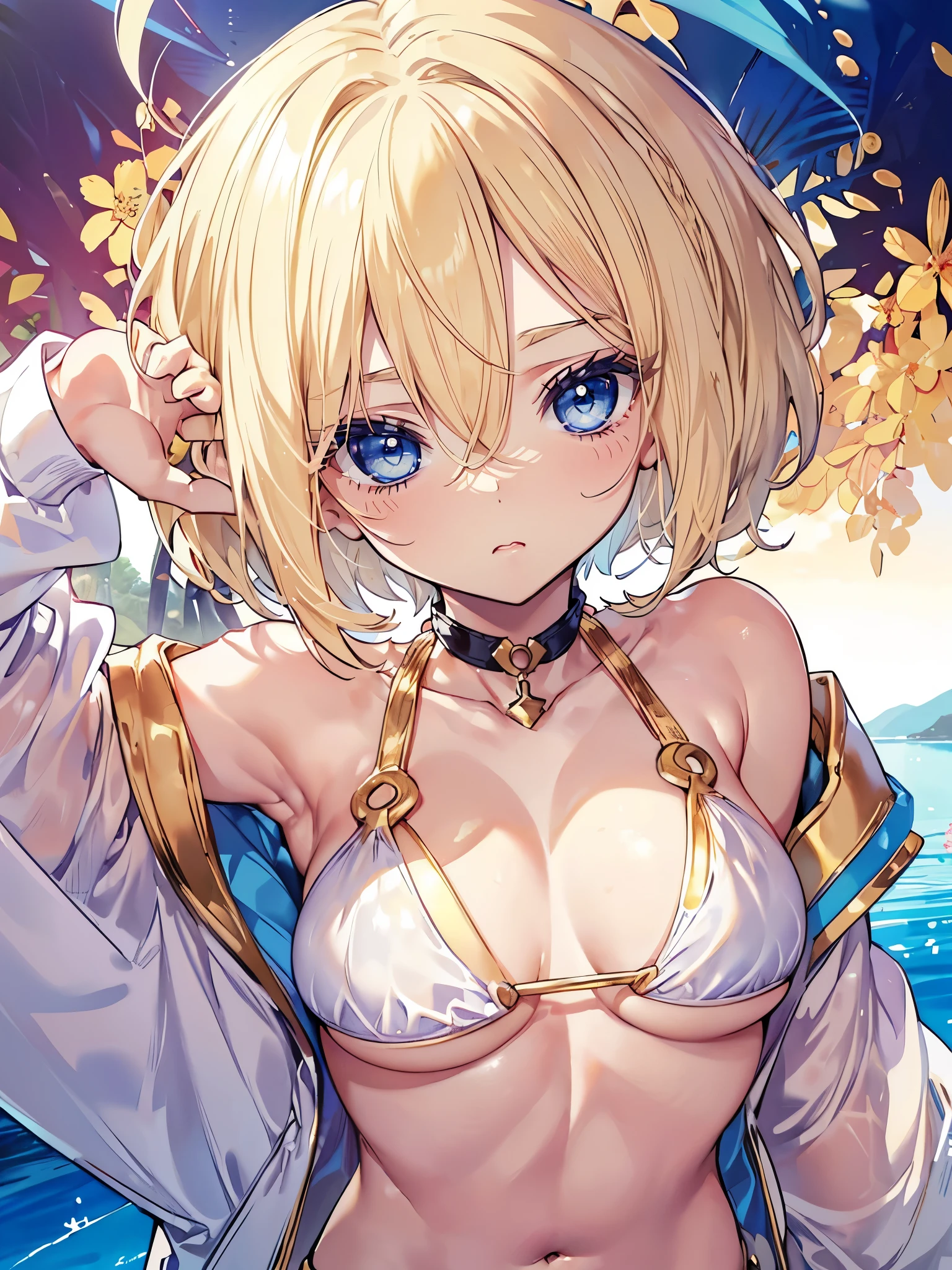 Embarrassed girl with gold bikini about to come off Sheet milk exposed Transverse chest (:1.5)(Small body) (blonde:1.5)(eyelash:1.2) (Short Bob Hair:1.4), (Blue eyes)(Big Breasts:1.8)