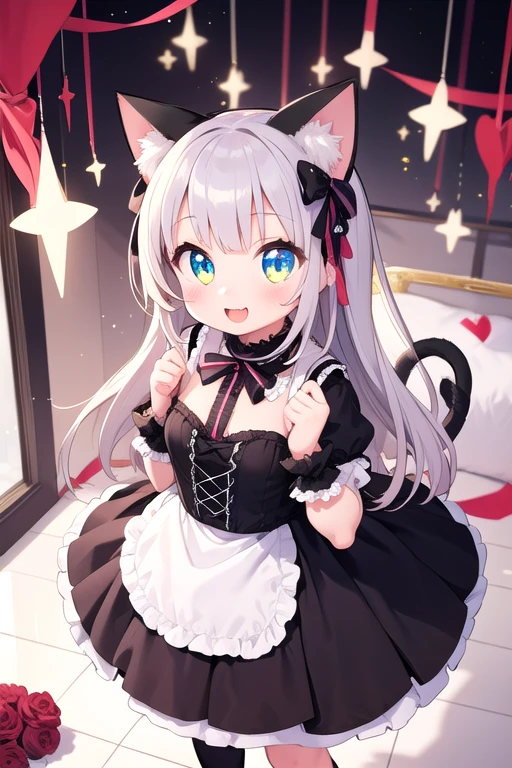 One girl,Cat girl,Animal ears,tail,Embrace the viewer and look up,A big smile,Your eyes are sparkling,Gothic ta,Lots of frills,Colorful cute room,Heart Items,Lots of ribbons,Are standing,whole body,Hearts are flying everywhere