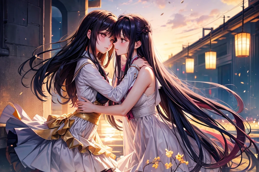 Yuri couple, girl x girl, fantasy, yandere girl and innocent girl, Flirting, blushing, the one is tall, mommy and girl, hug