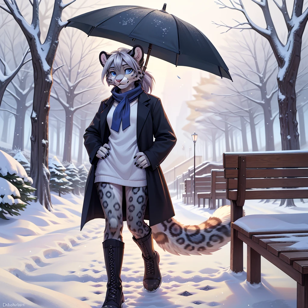 beautiful, (masterpiece), high quality, perfect lighting, Highly detailed CG Unity 8k wallpaper, High resolution, perfect lighting, youthful, adolescent, tall, slim, skinny, frail slender figure, slim legs, distinctly feminine figure, narrow hips, long legs, medium plump breasts, close-up shot, detailed face, Subject: A female snow leopard character, anthropomorphic with a graceful demeanor. She has piercing icy blue eyes and soft white fur marked with distinctive grey rosettes. Her hair is silver and styled in a sleek, high ponytail, accentuating her sharp, elegant features.
Clothing & Accessories: She wears a tailored, charcoal-grey trench coat with a high collar, paired with black gloves and knee-high boots. A stylish silver scarf is wrapped around her neck, complementing her cool color palette. She holds an open black umbrella, shielding herself from the snowflakes gently falling around her.
Pose & Expression: The snow leopard stands confidently in a relaxed posture, one hand resting on her hip while the other holds the umbrella. Her expression is calm and focused, with a subtle, serene smile as she gazes at something in the distance.
Activity: She is depicted walking through a snow-covered city park, lined with leafless trees and lampposts. The snowflakes are visible against her dark clothing and the white landscape, creating a striking visual contrast. In her other hand, she holds a steaming cup of coffee, enjoying the warmth amidst the cold surroundings.
Background: The park is covered in fresh snow, with a row of benches along a winding path. Bare trees and vintage-style lampposts line the path, giving the scene a classic, serene winter atmosphere. The background fades into a soft blur, emphasizing the snow leopard as the focal point of the scene.
Lighting & Mood: The lighting is soft and diffuse, typical of an overcast winter day. The mood is tranquil and contemplative, with the snow and cold accentuating the snow leopard's poised and composed presence