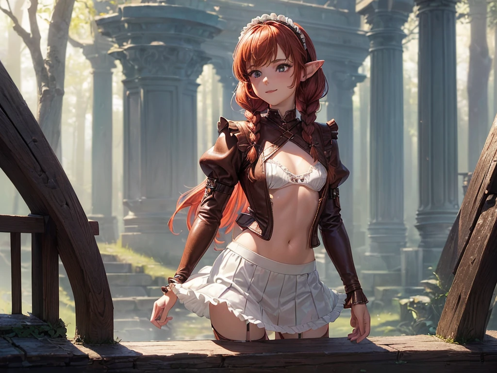 (((top-quality, masterpiece))), (best quality), (detailed), (((one young girl))), (solo girl), (wooden elfe girl), happy, charming, smiling, ((highly detailed beautiful face)), delicate girl, delicate face, ((red hair)), long hair, braids,  bleu eyes, dark look, focused, ((small breasts)), nice hips, flat belly, slim waist, define collarbone, (((sofisticated and detailed brown leather clothes))), (((transparent white skirt with frills))), (l((ace underwear))), sexy laces top, (deep cleavage), (((long brown leather boots))), (chocker), warrior, adventurer, standing, protecting, bow, sword, guardian, sexy pose, cinematic shadow, sweet forest atmoshpere,