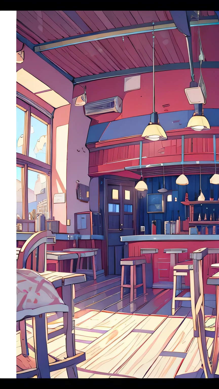 No person，Thick lines，Tavern，wood decoration，building interior，Simple color blocks，thick border