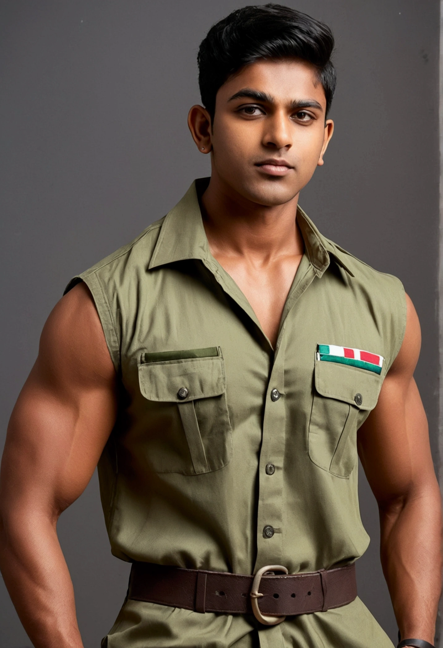 A Indian 24 years old young boy with a realistce face and body and strong muscle and wearing a khaki unifarm dress