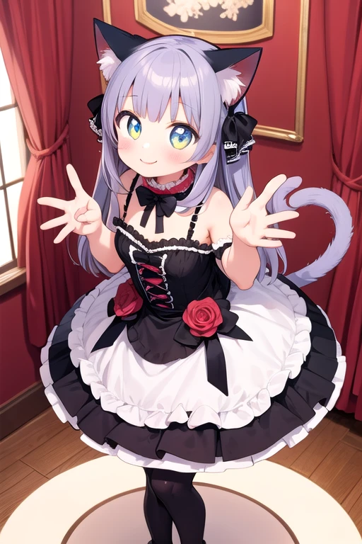 One girl,Cat girl,Animal ears,tail,Embrace the viewer and look up,A big smile,Your eyes are sparkling,Gothic ta,Lots of frills,Colorful cute room,Heart Items,Lots of ribbons,Are standing,whole body,Hearts are flying everywhere