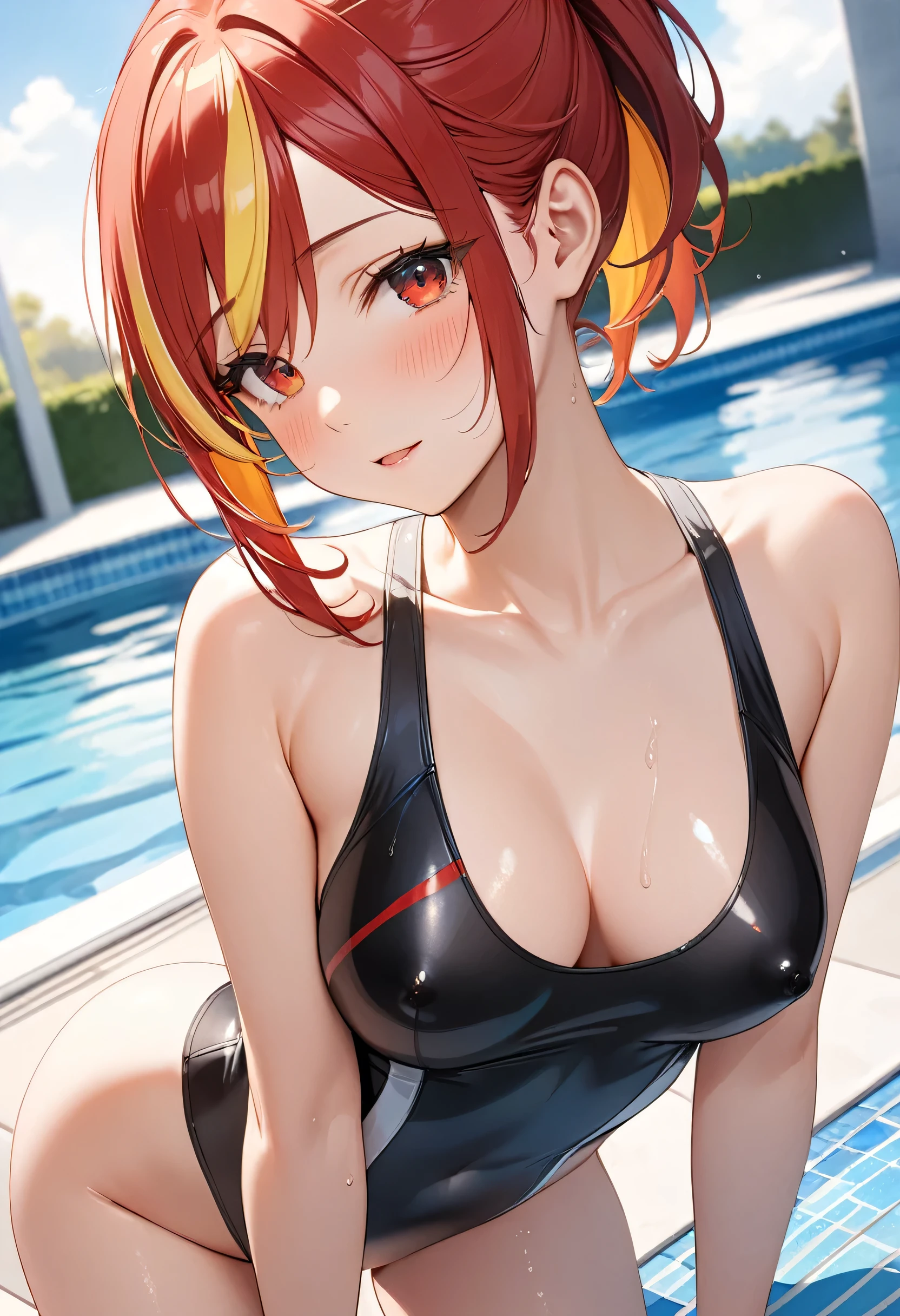 (masterpiece), (best quality), (ultra-detailed), (highest quality), (2.5D), (1 girl), very delicate facial expressions, erotic, only sexy woman, healthy figure, ((25-year-old woman)), 170cm tall, medium firm swaying breasts, (short hair), (red hair:1.5), red and yellow, ((streaked hair:1.9)), (highlights hair: 1.6), pony tail, red eyes, blush, (thin thighs), (camel toe:0.7), (visible nipples:0.9), (Erect nipples:1), (black competition swimsuit), shiny and lustrous, facing straight at viewer, (((in heat))), ((Oily_skin)), ((dutch angle)), ((erotic pose)), relaxing by the pool in midsummer