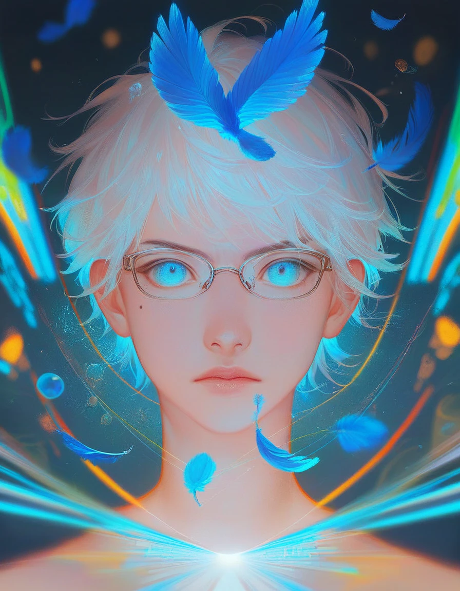 (score_9, score_8_up, score_7_up), zPDXL, 1 boy, alone, looking at viewer, simple warm colored background, neon blue eyes, close-up, short hair, white hair, broken glasses, lenses, neon blue feathers falling, serious look, determination, dark aura, front view, masterpiece, best quality, hyper detailed, cinematic light, intricate detail, high resolution, official art, detailed glow, blue light feathers, portrait, the pupil of the eyes with detailed structures, miracle, dark atmosphere, neon blue feathers, mole, jewelry accessories, diffraction peak, vibrant colors, concept artist, electronic links, falling feather