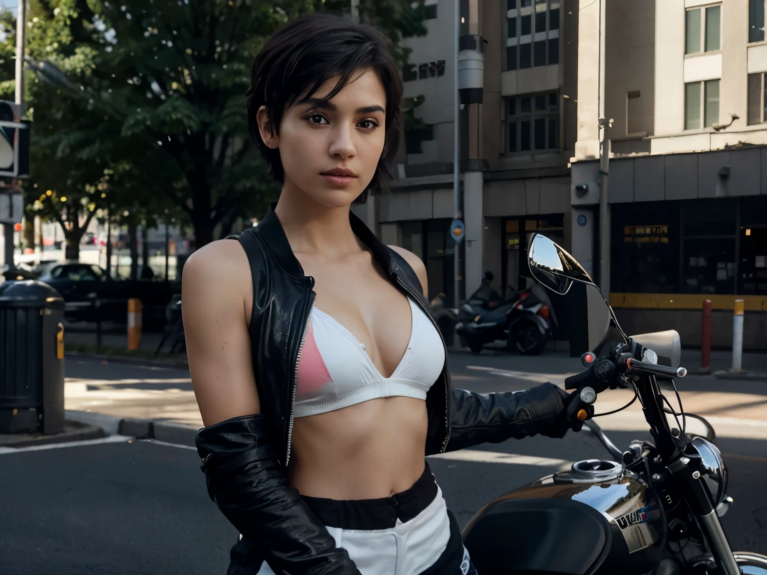(8k,ultra hd,high resolution,extreme detail,octane,render,best quality,masterpiece,dynamic angle, highest detailed:1.2),3/4 body photo of young female,beautiful eyes,(purple black short undercut haircut),modern hairstyle,tank top,(black bomber jacket:1.2),shorts,fit body,(leaning against a motorcycle:1.3),view from side,dynamic angle,trending on instagram,kodak,(ultra high resolution textures:1.2),bokeh,radiant skin,light passing through hair,city background,(official art:1.2), black boots, white socks