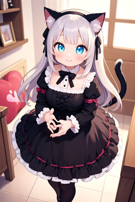 One girl,Cat girl,Animal ears,tail,Embrace the viewer and look up,Get closer,A big smile,Your eyes are sparkling,Gothic Lolita,Lots of frills,Colorful cute room,Heart Items,Lots of ribbons,Are standing,whole body,Hearts are flying everywhere
