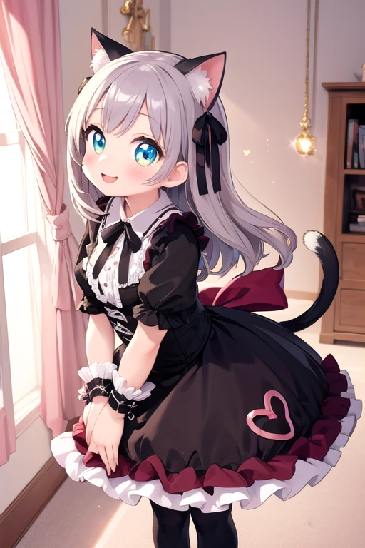 One girl,Cat girl,Animal ears,tail,Embrace the viewer and look up,Get closer,A big smile,Your eyes are sparkling,Gothic Lolita,Lots of frills,Colorful cute room,Heart Items,Lots of ribbons,Are standing,whole body,Hearts are flying everywhere