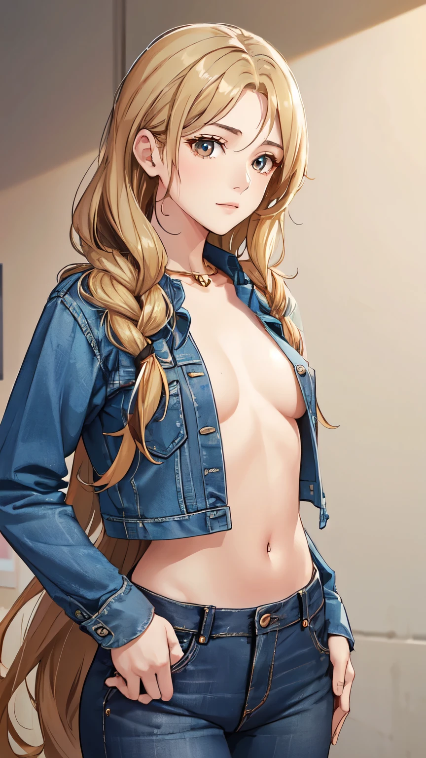 Mia Chadev, Long Hair, Blonde, Brown eyes,
((Portraiture)), Very small breasts, jeans, Blue pants, View your viewers,
masterpiece, Highest quality,Small face