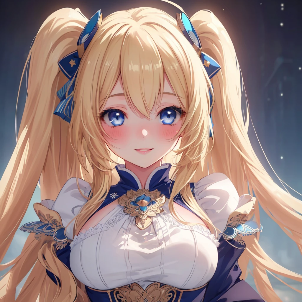 1girl, beautiful detailed eyes, beautiful detailed lips, extremely detailed face and skin, long hair, straight hair, twin tails, blonde hair, bangs, large breasts, blushing, smiling, blue eyes, overhead view, goggles on head, intricate details, high quality, masterpiece, photorealistic, cinematic lighting, vibrant colors, atmospheric, delicate, graceful