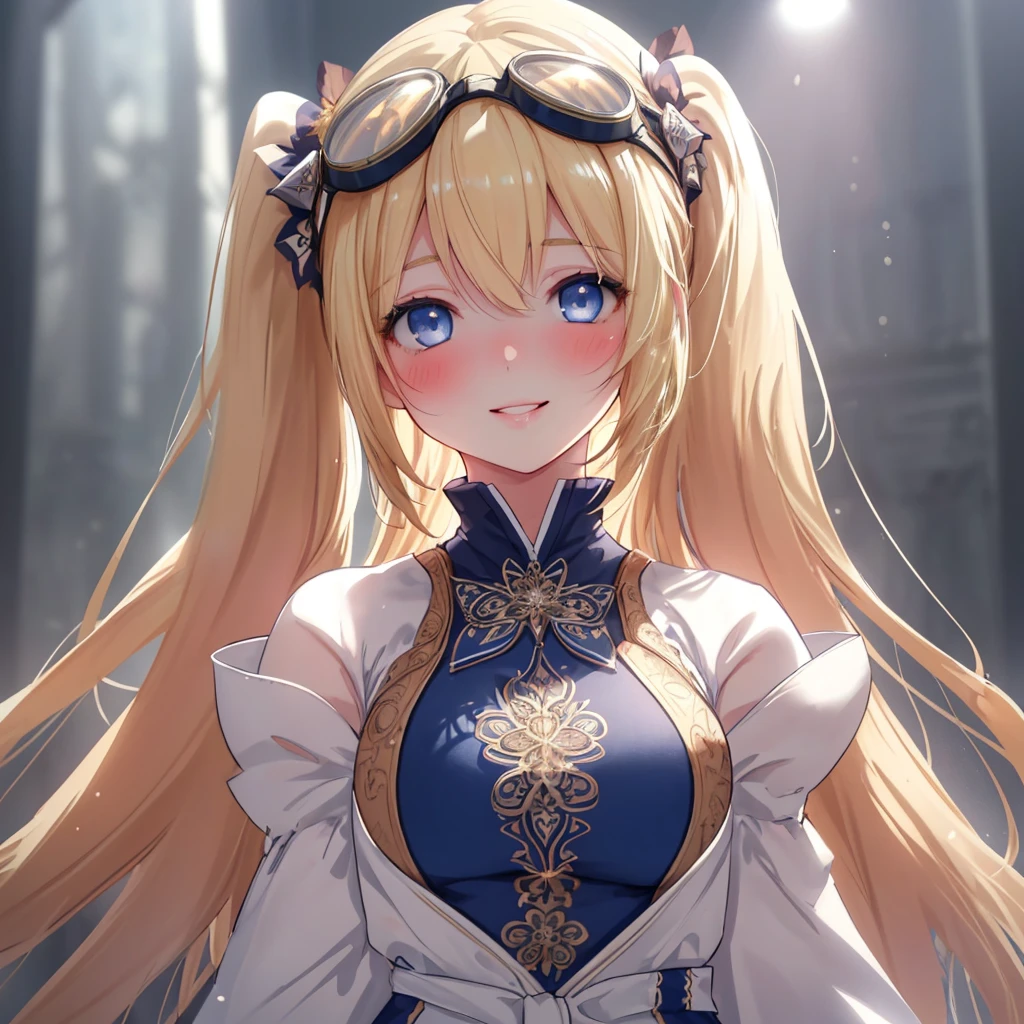 1girl, beautiful detailed eyes, beautiful detailed lips, extremely detailed face and skin, long hair, straight hair, twin tails, blonde hair, bangs, large breasts, blushing, smiling, blue eyes, overhead view, goggles on head, intricate details, high quality, masterpiece, photorealistic, cinematic lighting, vibrant colors, atmospheric, delicate, graceful