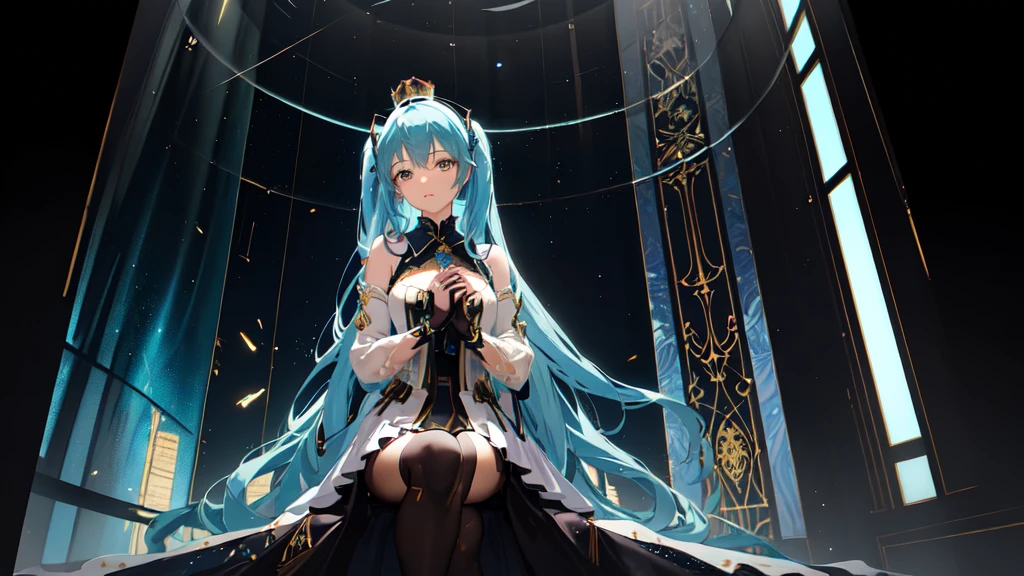 Hatsune Miku　(masterpiece:1.2), Highest quality, (figure:1.2), (Very detailed), Hyper Details, (Delicate and detailed), (Intricate details), (Cinematic Light, Highest quality Backlights), Clear lines, From below, soloist, Blue hair and yellow eyes, (Emperor, Black see-through clothing), (Crown: 1.1), Sitting on the throne, Close your eyes for a moment, Head Down, (shy: 1.2 ), (compensate), High Contrast, (Best lighting, Very creative and beautiful), (Cinematic Light), colorful,put on a mask
