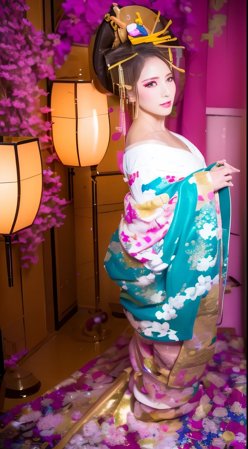 ((masterpiece(:1.4)，Highest quality，Ultra-high resolution，Highest quality，8k，Extremely detailed，In detail))。night，Japanese，(A beautiful woman)，glossy，slim，Large Breasts(1.6)，sexy，glamorous，Golden Ratio Style，Perfect Style，White powder applied to face and neck，Flashy gal makeup，Red light district，Bedroom，Oiran，Prostitute，Sunny day outfit，Uchikake，Gold brocade，((A gorgeous kimono))，A cutting board belt tied in front，Hair tying，hairpin，hair ornaments，Gorgeous costumes，Beautiful standing posture，Presence，Exude sex appeal，