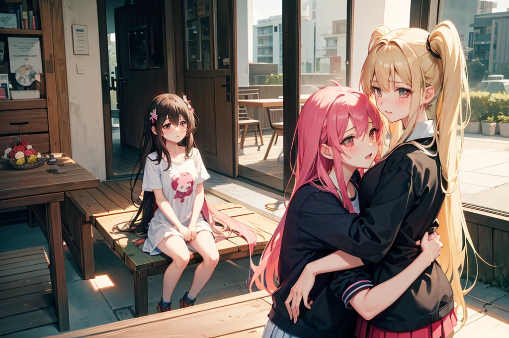 Yuri couple, girl x girl, fantasy, yandere girl and innocent girl, Flirting, blushing, the one is tall, mommy and girl, hug