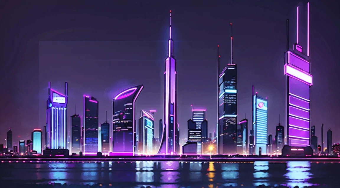 A futuristic city with skyscrapers in neon small intesivity lighst in night, purple colors