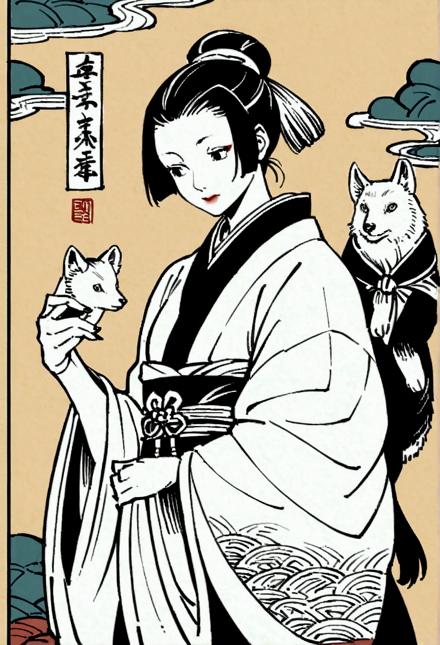 Edo period Ukiyo-e style,Line art,animal,woman