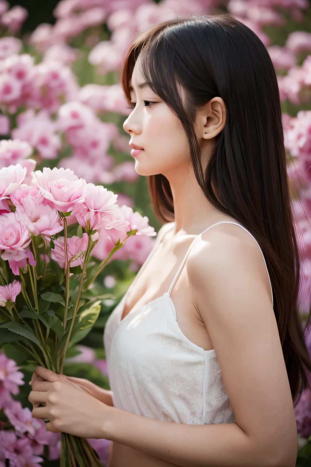 Woman profile holding flowers　To the stomach