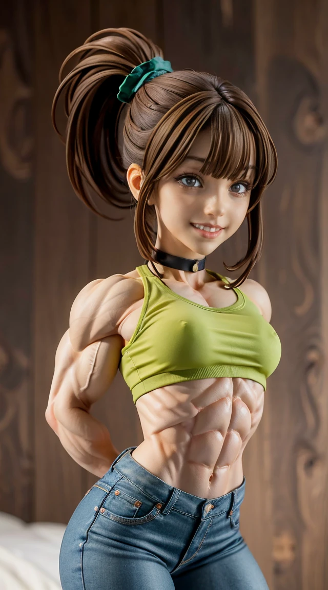 (Muscular:2.5), (thick thighs:1.9), 
(light brown haired latina, tan skin, green eyes, blunt bangs, ponytail:1.4), beauty mark, freckles,
detailed eyes, (big smile:1.6), detailed skin,
(small breasts:1.5),
(choker, green shirt, bluejeans, bracelet:1.5),
(upper body view:1.5), (looking at viewer:1.3), (three quarter view:1.4), (from above:1.2), (standing),
(dark bedroom), rim lighting, two tone lighting, dimly lit