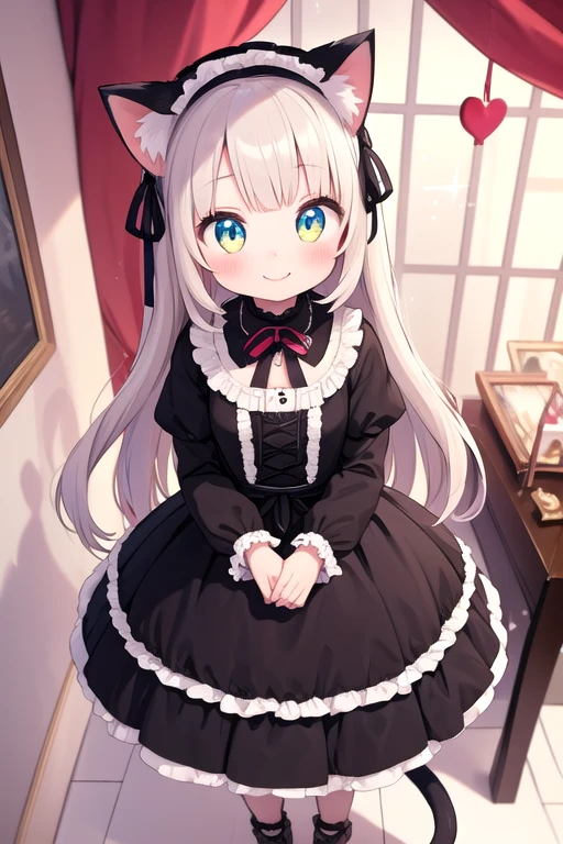 One girl,Cat girl,Animal ears,tail,Approaching the viewer and looking up,A big smile,Your eyes are sparkling,Gothic ta,Lots of frills,Colorful cute room,Heart Items,Lots of ribbons,Are standing,whole body,Hearts are flying everywhere