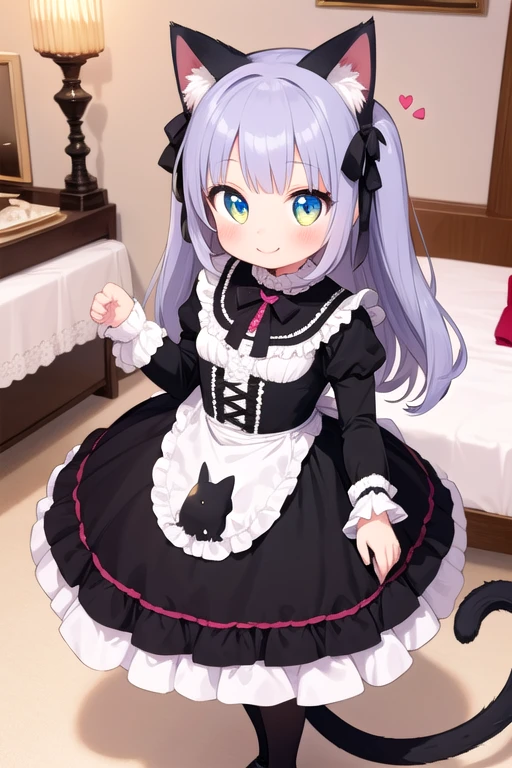 One girl,Cat girl,Animal ears,tail,Approaching the viewer and looking up,A big smile,Your eyes are sparkling,Gothic Lolita,Lots of frills,Colorful cute room,Heart Items,Lots of ribbons,Are standing,whole body,Hearts are flying everywhere