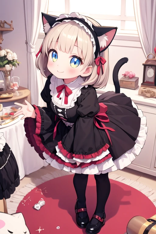 One girl,Cat girl,Animal ears,tail,Approaching the viewer and looking up,A big smile,Your eyes are sparkling,Gothic ta,Lots of frills,Colorful cute room,Heart Items,Lots of ribbons,Are standing,whole body,Hearts are flying everywhere