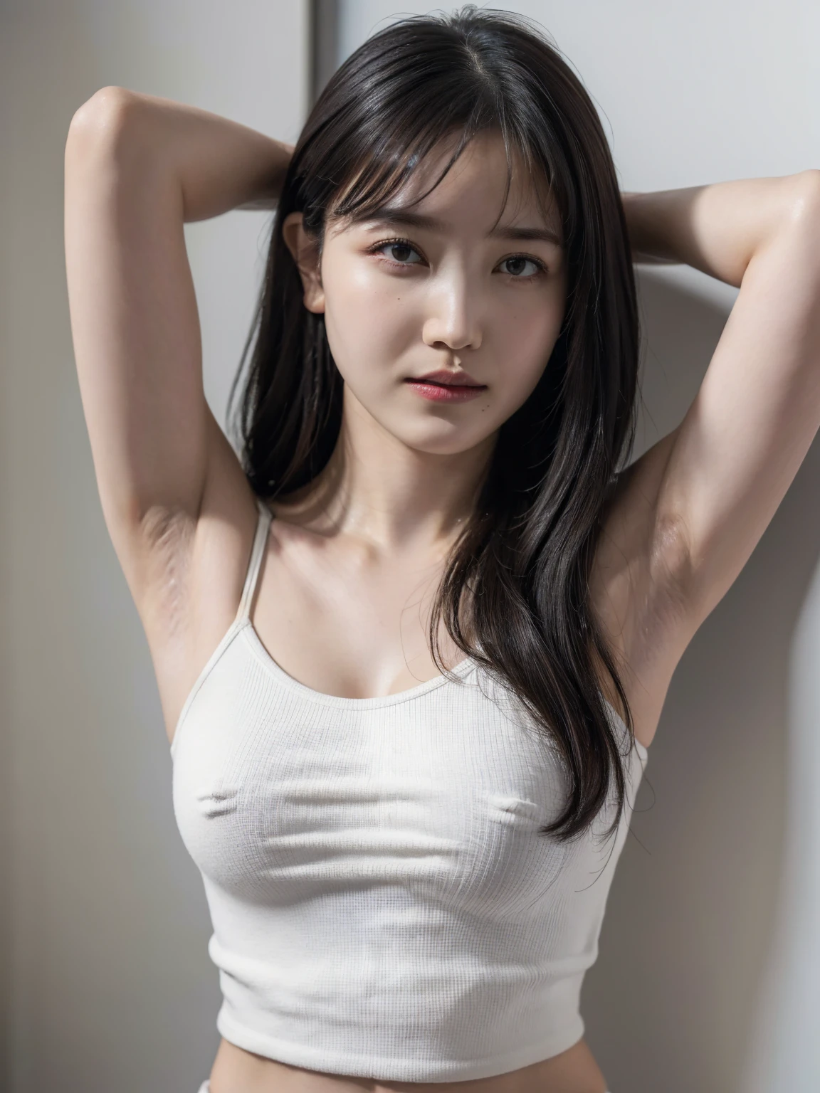 (best quality:1.4), (ultra highres:1.2), (photorealistic:1.4), (16k, RAW photo:1.2),(portrait shot:1.3), bmangpor, 1girl, solo, long hair, brown hair, upper body, white smooth armpits, one arm up, knit strap tank top, big breast,