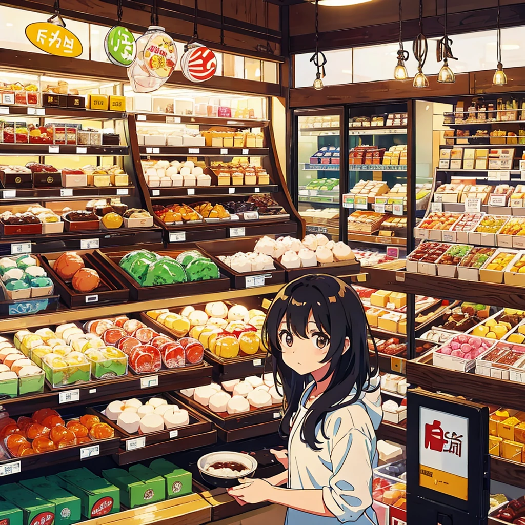 A shopping counter, a girl stands behind the counter, holding a mochi cake in her hand