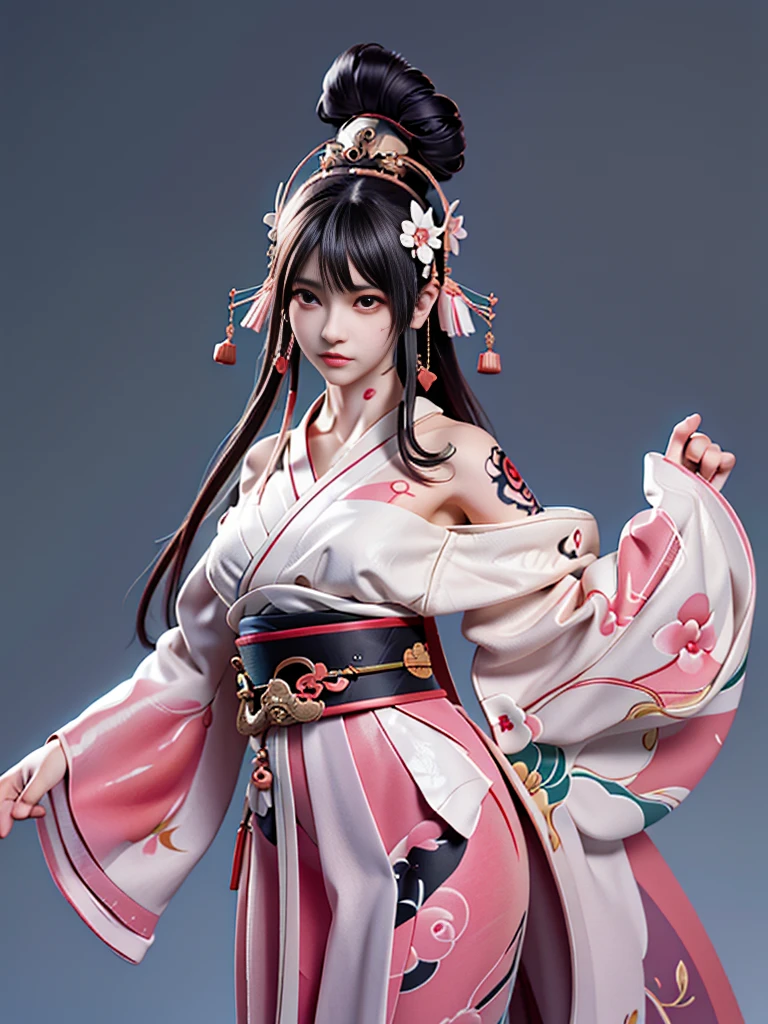8k, masterpiece, (lifelike:1.5), artistic portrait of ((Beautiful Haruno Sakura) Wearing a kimono), Back and shank tattoos, ((Exposing Ukiyoe tattoo on back)), exposed face, bare shoulders, Exposing huge breasts, touch chamber, beautiful skin, slim figure, cute face, cute look, look at the audience, Dark brown bangs bun, Posing for photos, fog, backlight, dark gray background, dynamic lighting, Nature, artistic